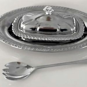 (2/$40) Butter Dish, Serving Tray and Cheffield England forked serving spoon